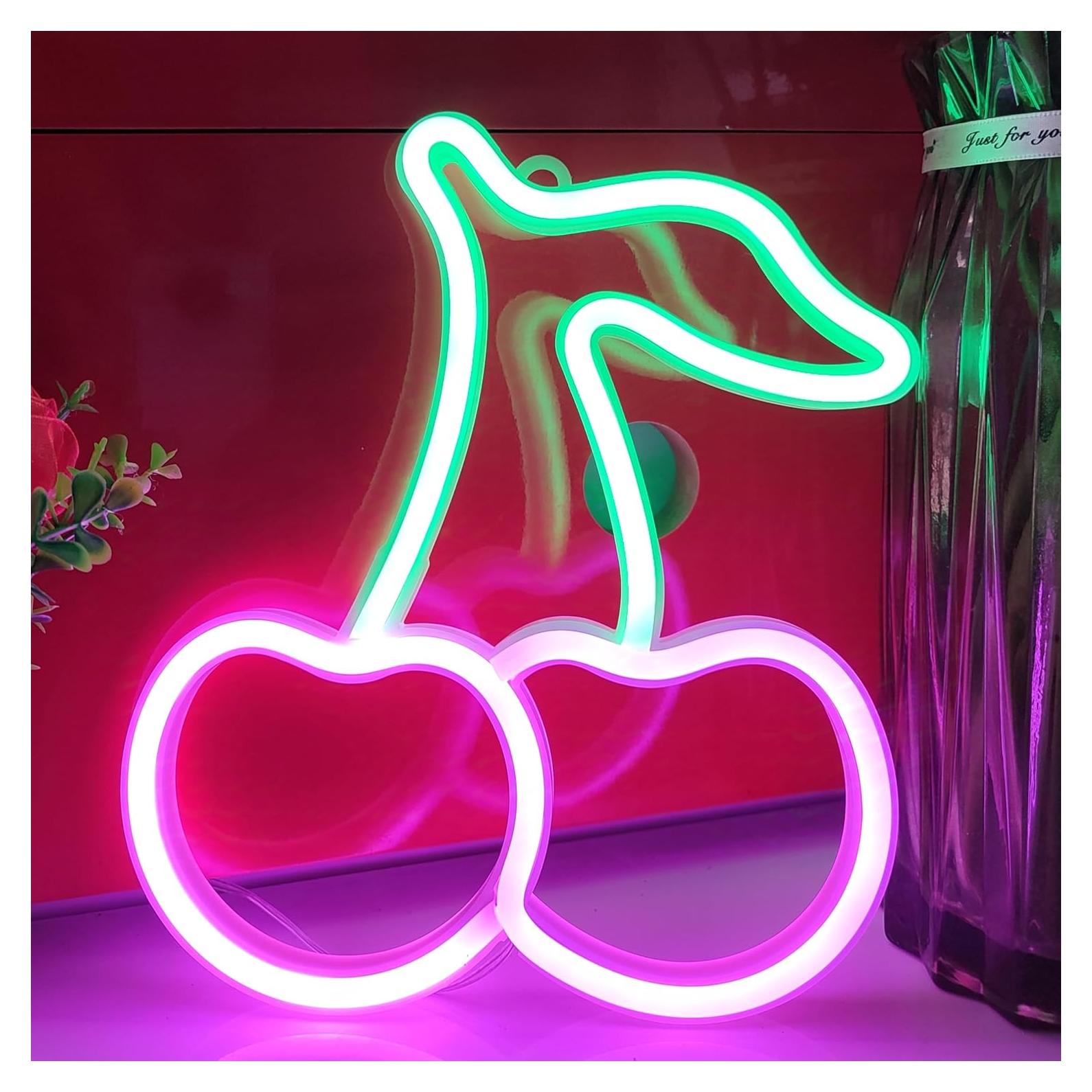 Letrero de Neón Cereza JYWJ LED USB y Pilas AA Verde/Rosa