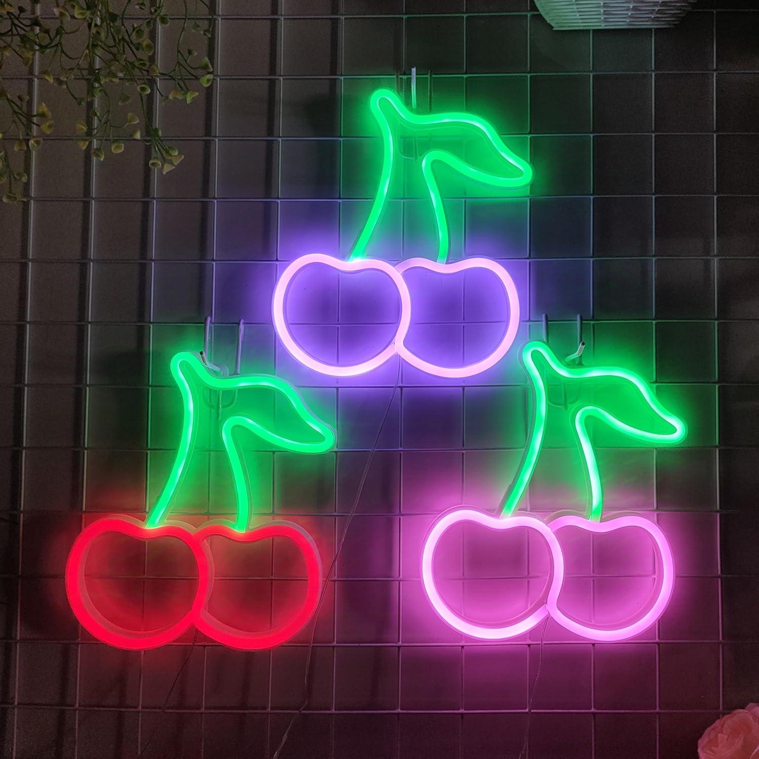 Letrero de Neón Cereza JYWJ LED USB y Pilas AA Verde/Rosa