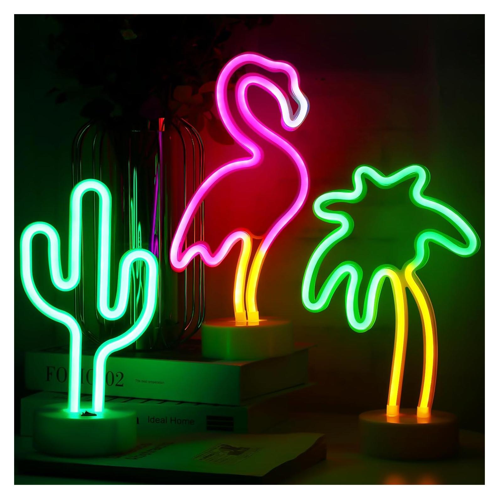 Juego de Luces de Neón Liliful 3 Piezas Cactus Flamenco Palma