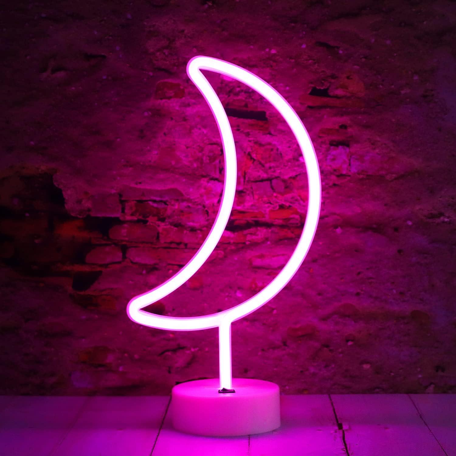 Lámpara de Mesa LED Neón Rosa en Forma de Luna - Decoración