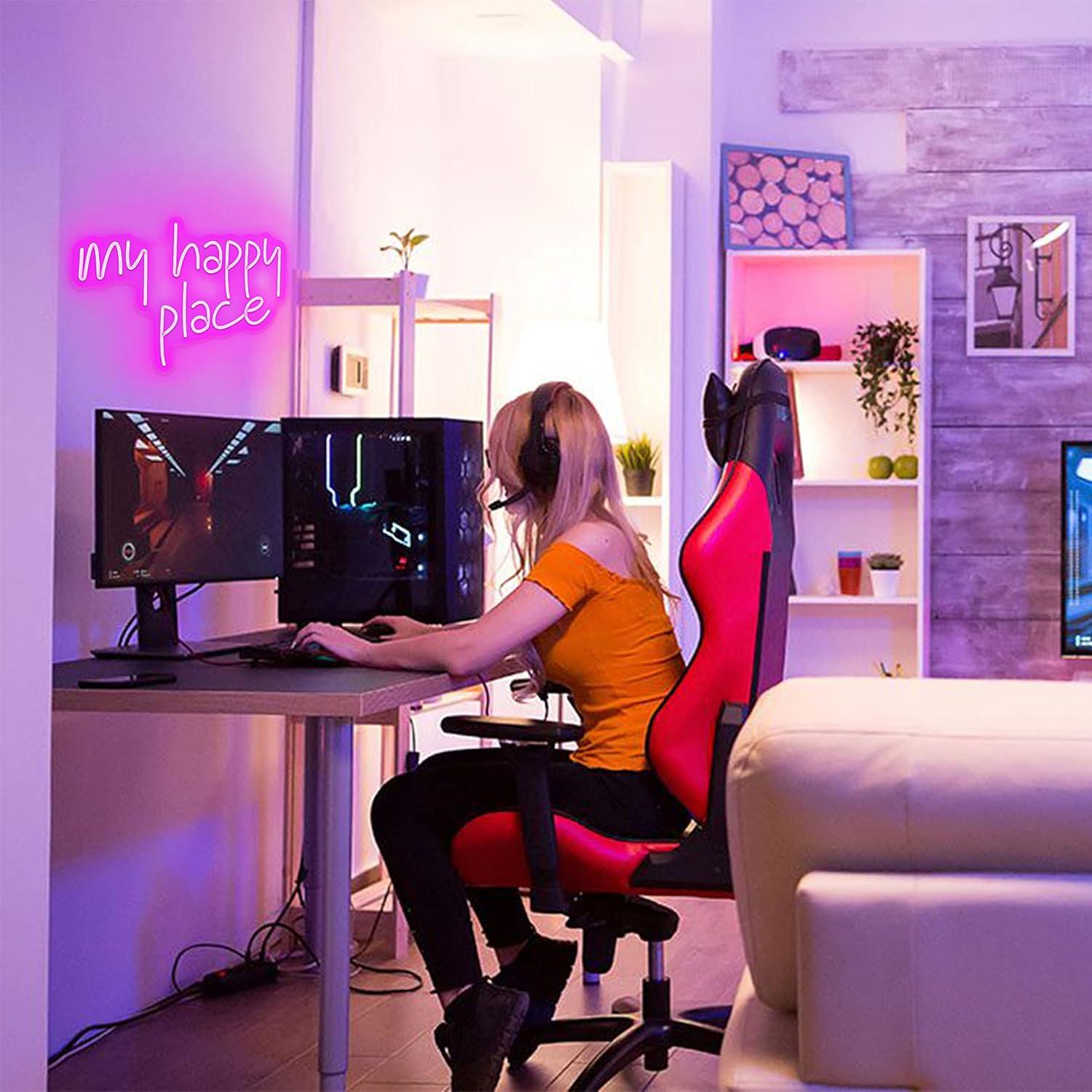 Letrero de Neón LED GGK 'Mi Lugar Feliz' 39x27.5 cm Rosa