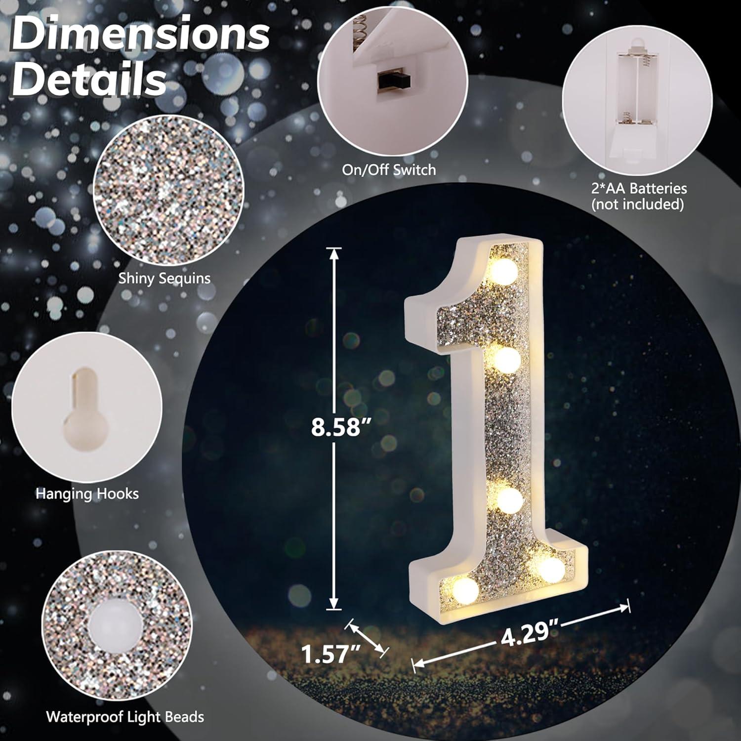 Letras LED Marquee Plateadas TEHIBIEN - Número 1 Decorativo