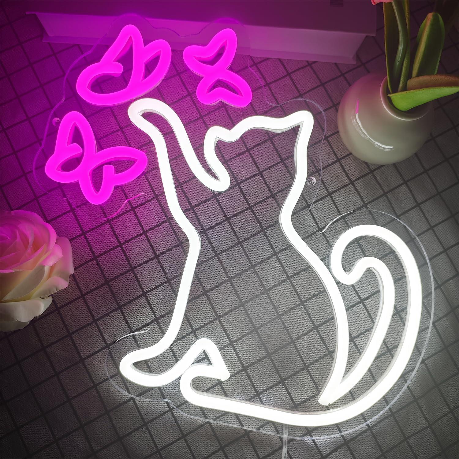 Cartel de Neón Gato y Mariposa LED Regulable 33.8x33.8cm