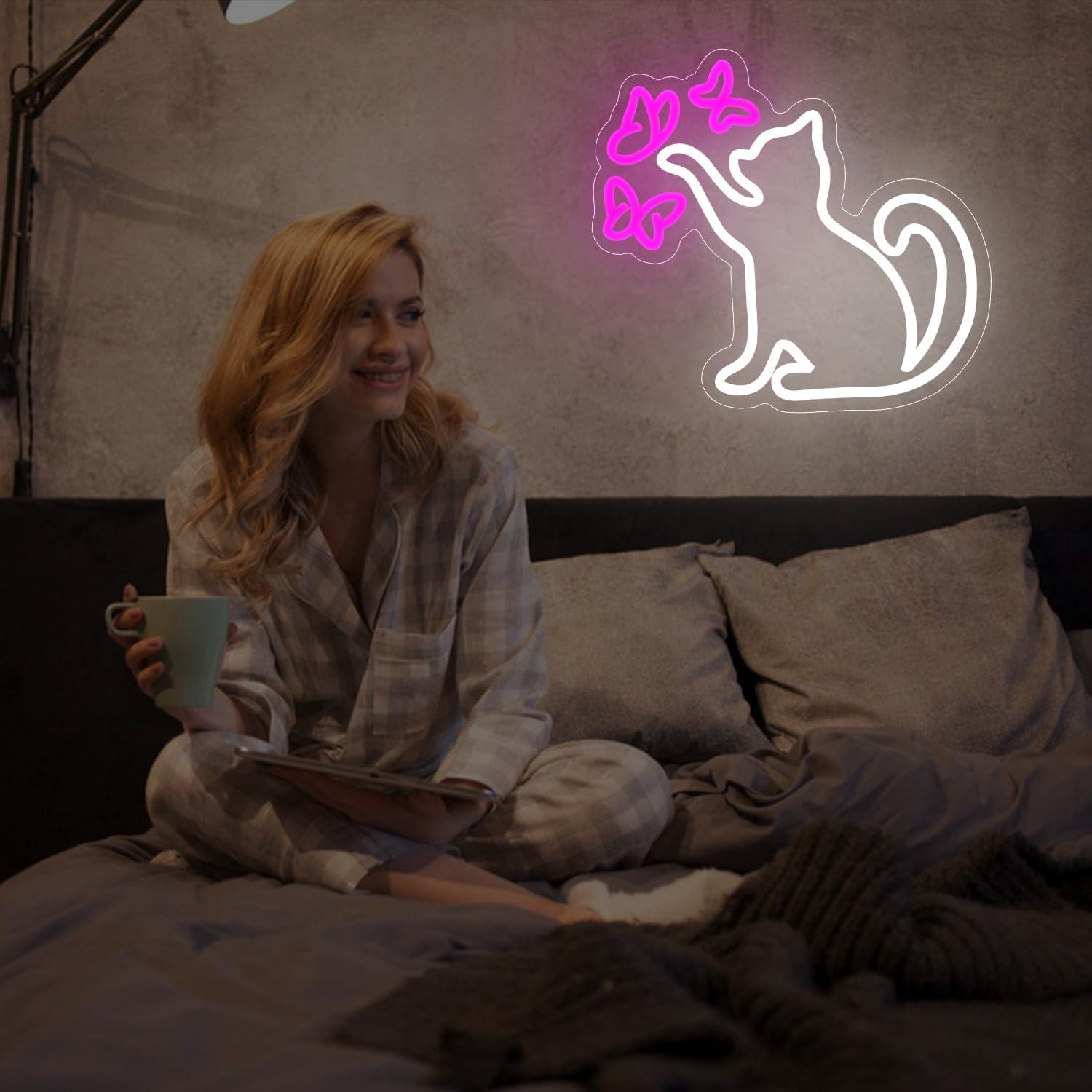 Cartel de Neón Gato y Mariposa LED Regulable 33.8x33.8cm