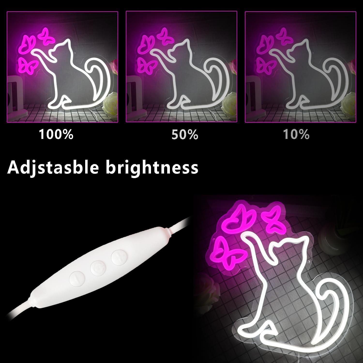 Cartel de Neón Gato y Mariposa LED Regulable 33.8x33.8cm