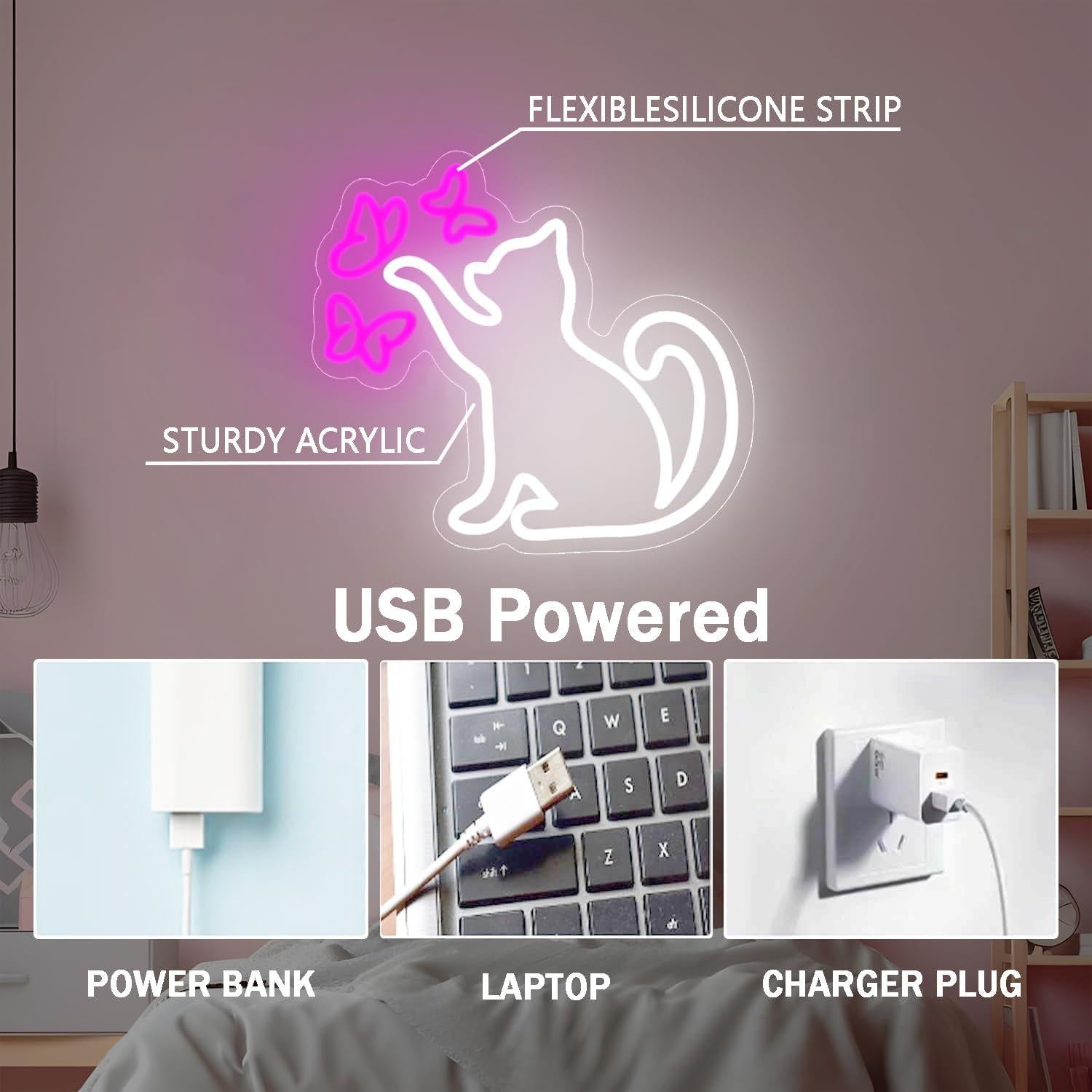 Cartel de Neón Gato y Mariposa LED Regulable 33.8x33.8cm