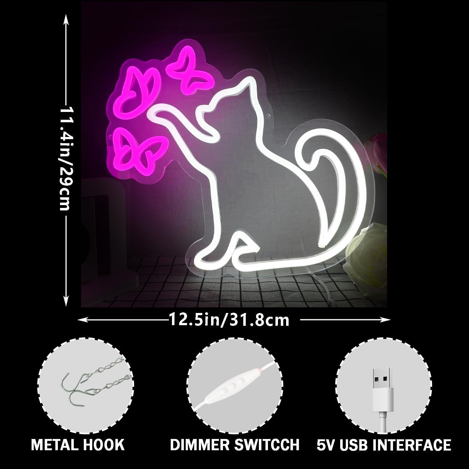 Cartel de Neón Gato y Mariposa LED Regulable 33.8x33.8cm