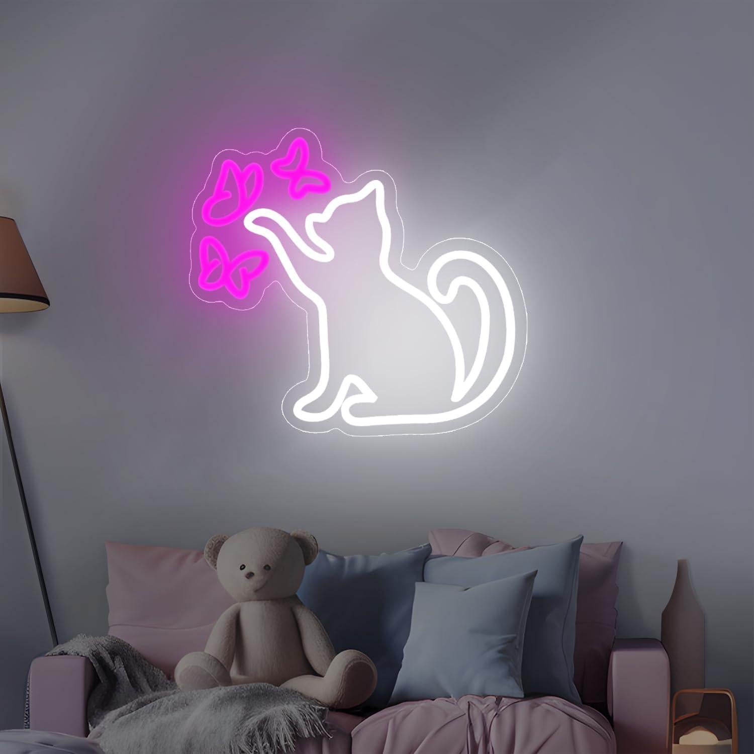 Cartel de Neón Gato y Mariposa LED Regulable 33.8x33.8cm