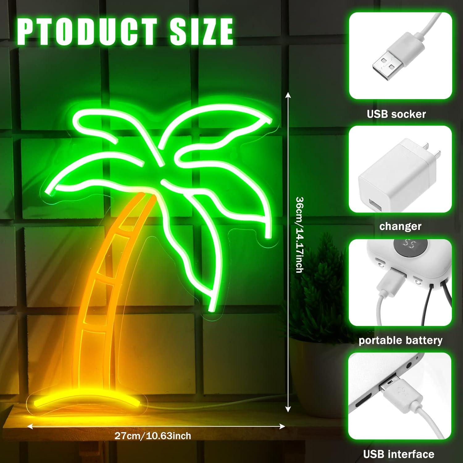 Letrero LED Neón Palma ROCEEI 36x27 cm Verde USB Decorativo