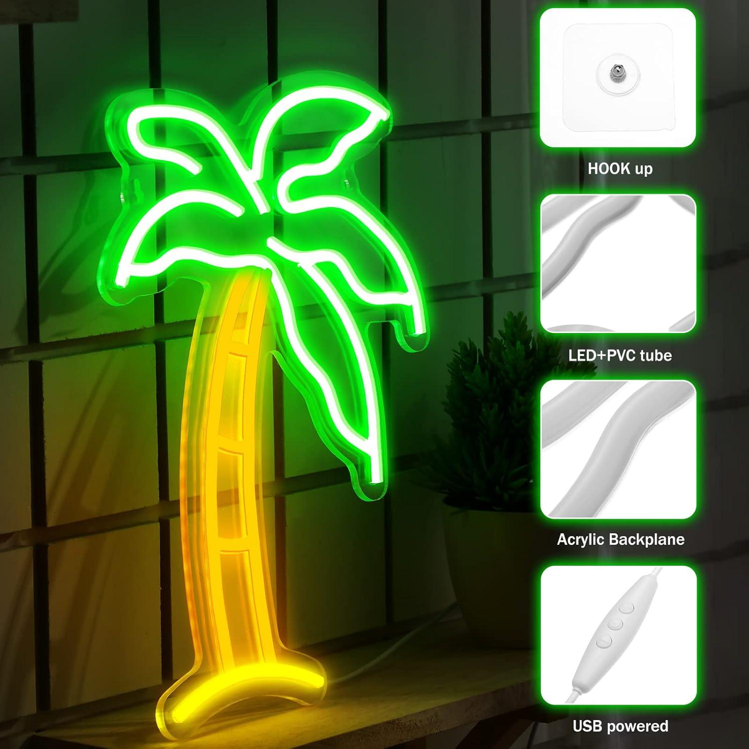 Letrero LED Neón Palma ROCEEI 36x27 cm Verde USB Decorativo