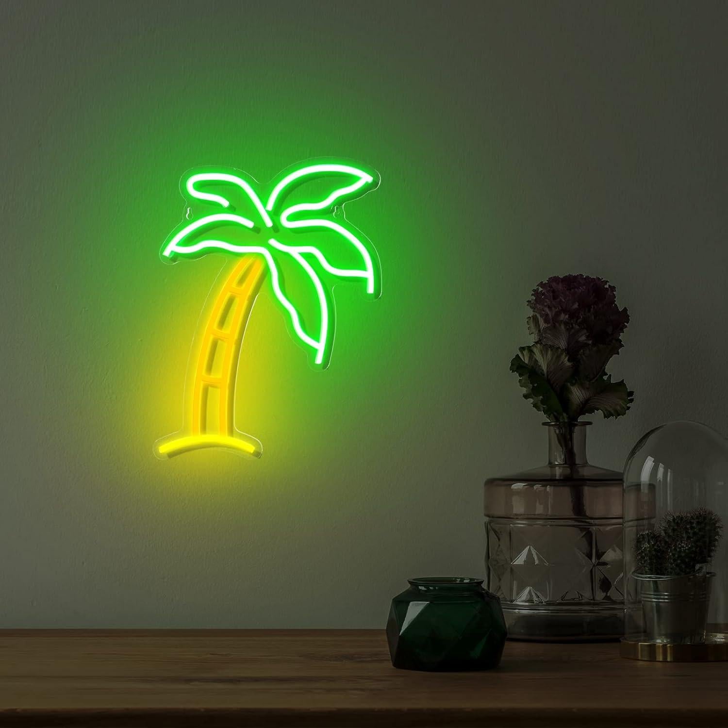 Letrero LED Neón Palma ROCEEI 36x27 cm Verde USB Decorativo