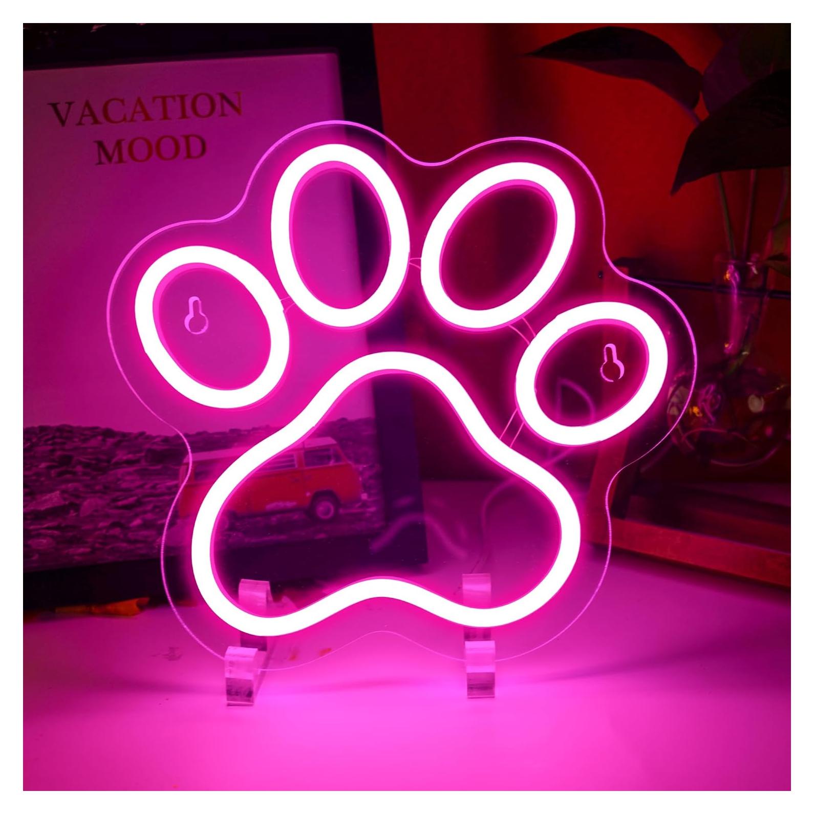 Aslanka Cat Dog Paw Neon LED Sign, Dimmable Led Cat Foot Neon Light for Wall Decor, USB Powered Neon Light Acrylic Sign for Home Bedroom Pet Shop Dog House Esthetics Wall Art Gift-Pink