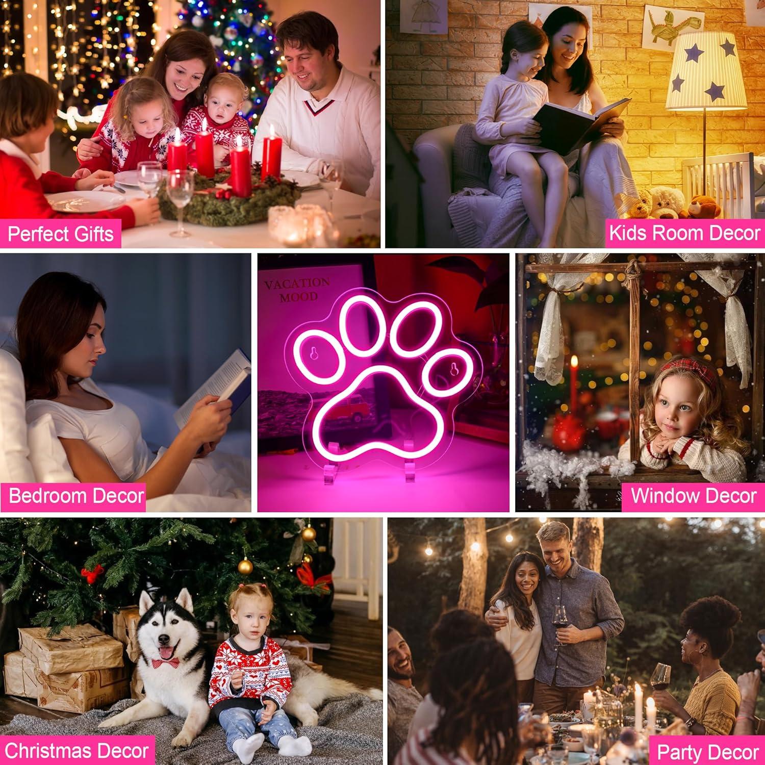 Aslanka Cat Dog Paw Neon LED Sign, Dimmable Led Cat Foot Neon Light for Wall Decor, USB Powered Neon Light Acrylic Sign for Home Bedroom Pet Shop Dog House Esthetics Wall Art Gift-Pink