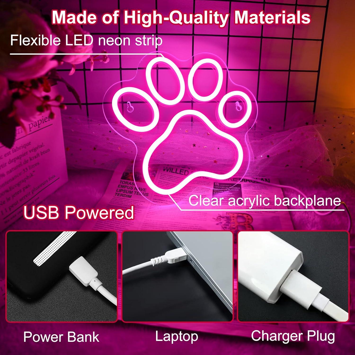 Aslanka Cat Dog Paw Neon LED Sign, Dimmable Led Cat Foot Neon Light for Wall Decor, USB Powered Neon Light Acrylic Sign for Home Bedroom Pet Shop Dog House Esthetics Wall Art Gift-Pink
