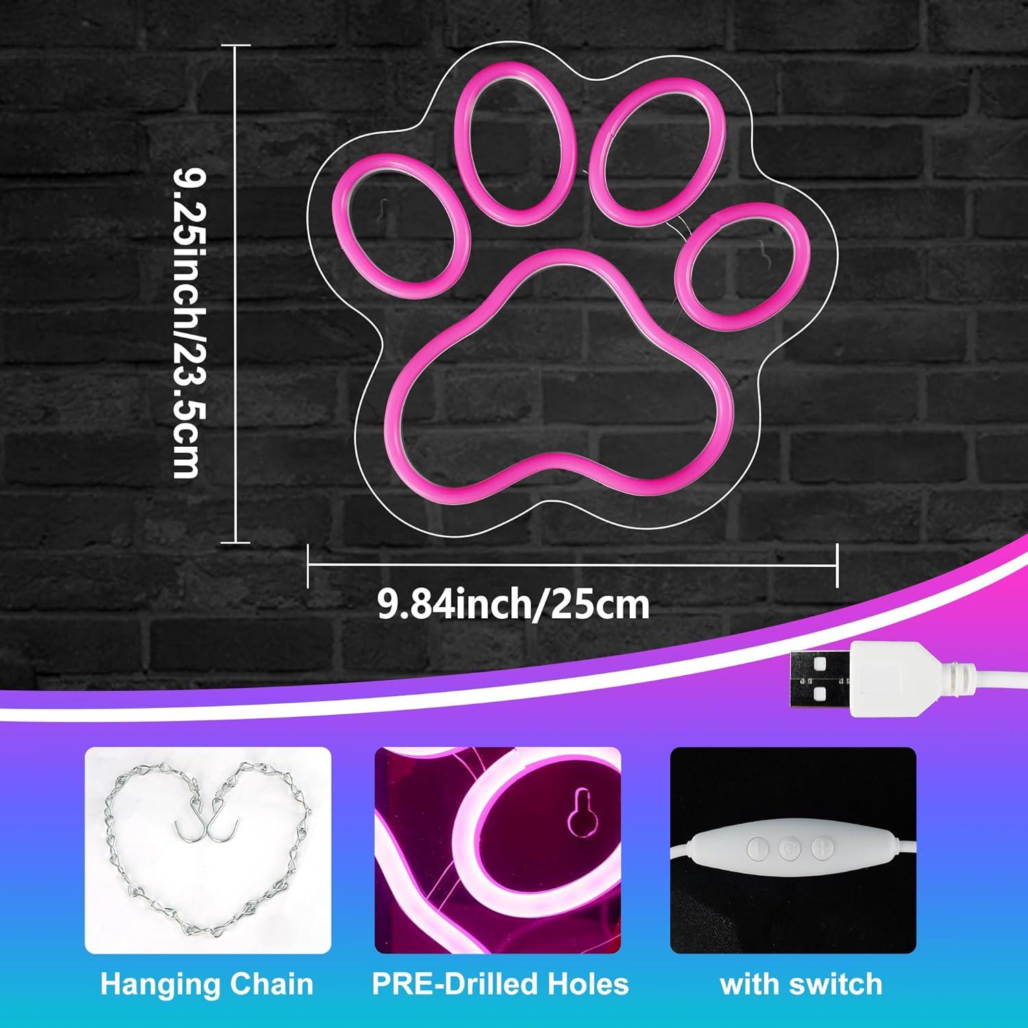 Aslanka Cat Dog Paw Neon LED Sign, Dimmable Led Cat Foot Neon Light for Wall Decor, USB Powered Neon Light Acrylic Sign for Home Bedroom Pet Shop Dog House Esthetics Wall Art Gift-Pink