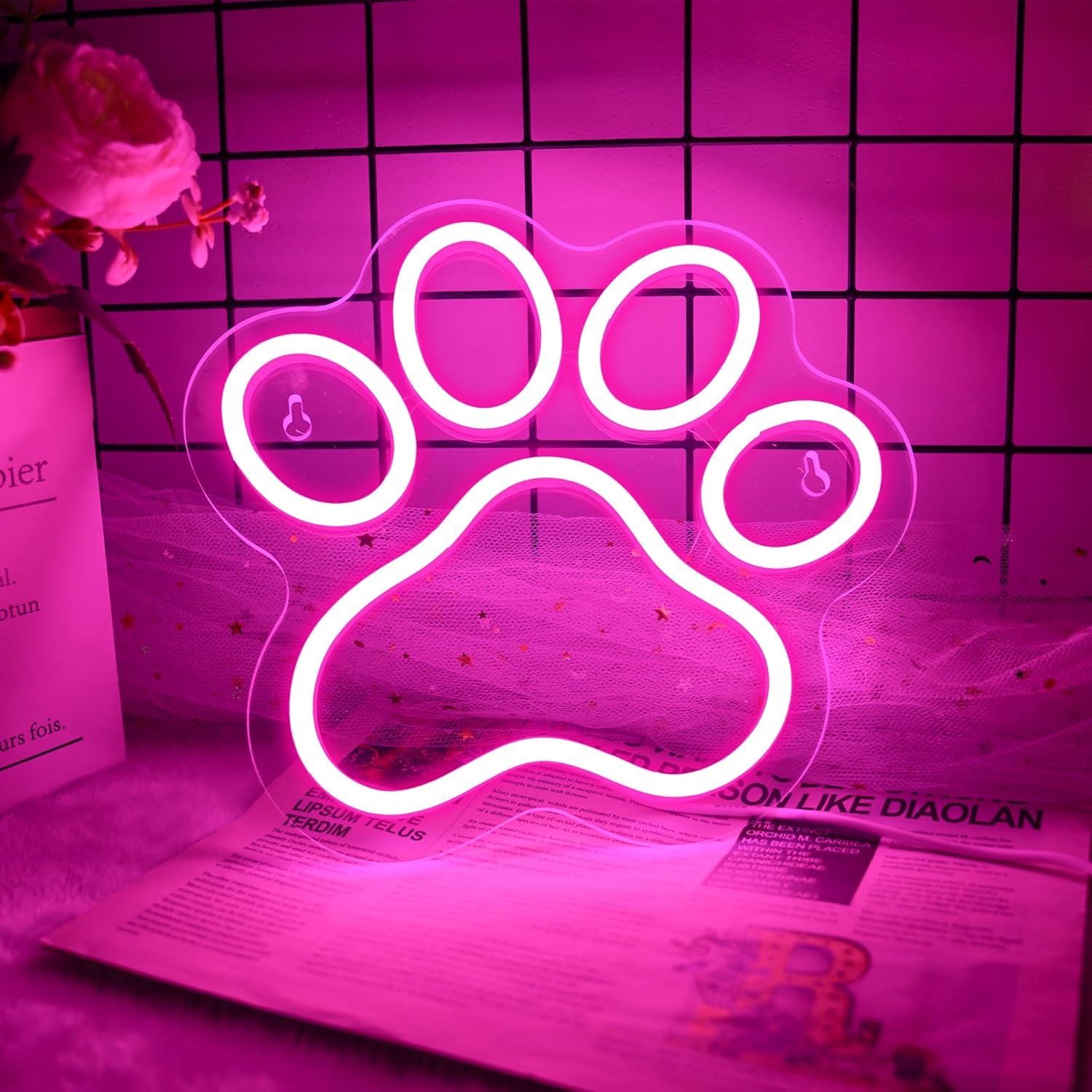 Aslanka Cat Dog Paw Neon LED Sign, Dimmable Led Cat Foot Neon Light for Wall Decor, USB Powered Neon Light Acrylic Sign for Home Bedroom Pet Shop Dog House Esthetics Wall Art Gift-Pink