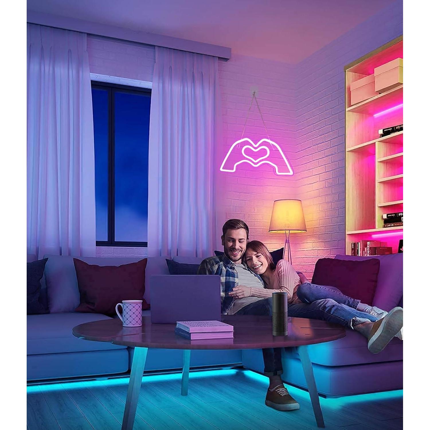 Cartel de Neón Corazones con Manos HMASYO LED Rosa 40x20cm