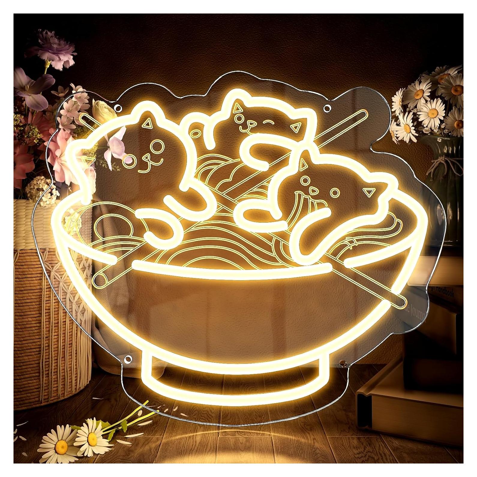 Ramen Cat Neon Sign, Warm White Cat Noodles Led Sign for Baby Girls Room, Dimmable Noodle Cat Light Up Neon Signs for Wall Decor Resturant Home Bar Kitchen Dinning Bedroom Art Decor Christmas Gifts
