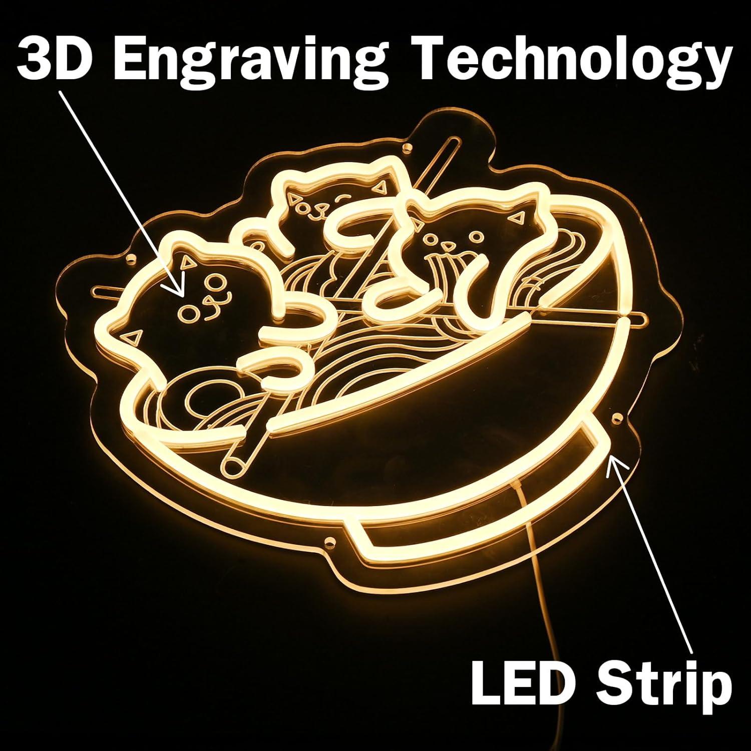 Ramen Cat Neon Sign, Warm White Cat Noodles Led Sign for Baby Girls Room, Dimmable Noodle Cat Light Up Neon Signs for Wall Decor Resturant Home Bar Kitchen Dinning Bedroom Art Decor Christmas Gifts