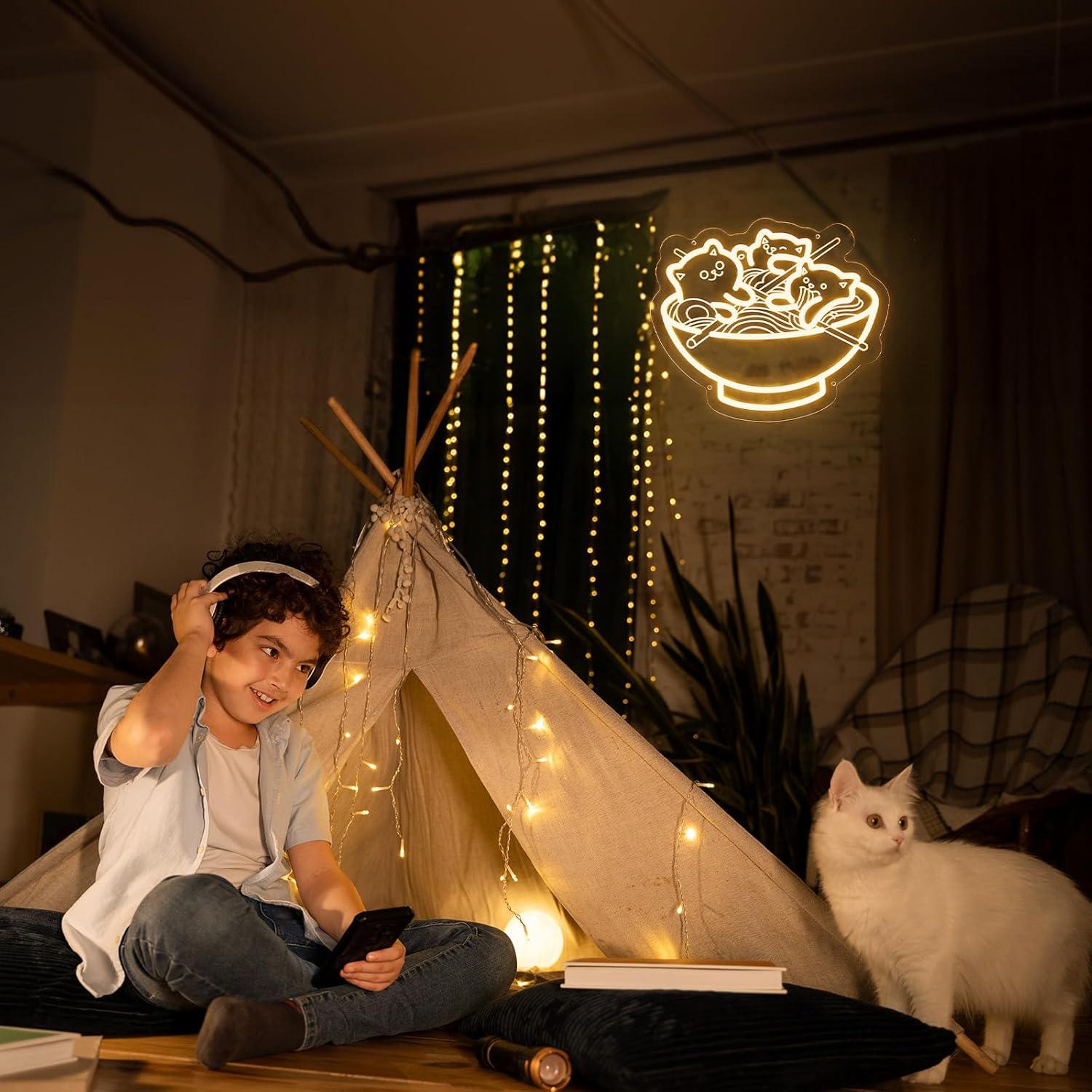 Ramen Cat Neon Sign, Warm White Cat Noodles Led Sign for Baby Girls Room, Dimmable Noodle Cat Light Up Neon Signs for Wall Decor Resturant Home Bar Kitchen Dinning Bedroom Art Decor Christmas Gifts