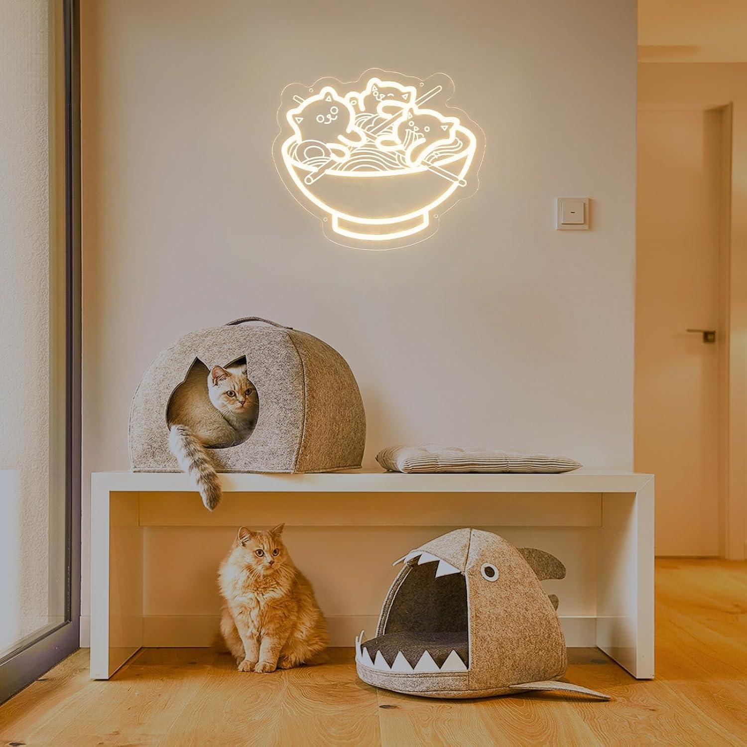 Ramen Cat Neon Sign, Warm White Cat Noodles Led Sign for Baby Girls Room, Dimmable Noodle Cat Light Up Neon Signs for Wall Decor Resturant Home Bar Kitchen Dinning Bedroom Art Decor Christmas Gifts