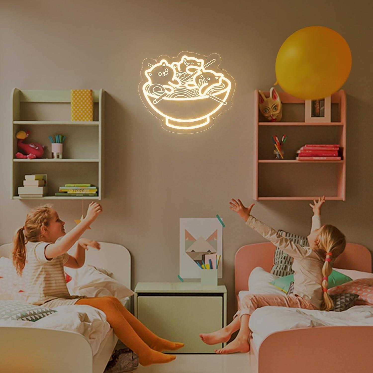 Ramen Cat Neon Sign, Warm White Cat Noodles Led Sign for Baby Girls Room, Dimmable Noodle Cat Light Up Neon Signs for Wall Decor Resturant Home Bar Kitchen Dinning Bedroom Art Decor Christmas Gifts