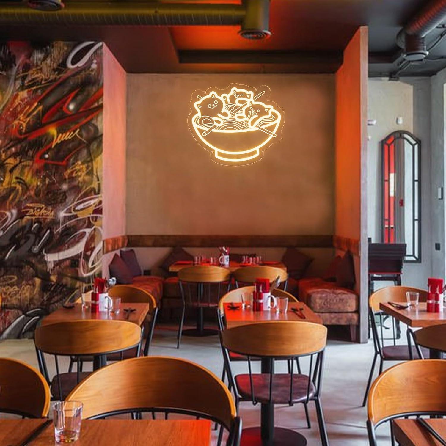 Ramen Cat Neon Sign, Warm White Cat Noodles Led Sign for Baby Girls Room, Dimmable Noodle Cat Light Up Neon Signs for Wall Decor Resturant Home Bar Kitchen Dinning Bedroom Art Decor Christmas Gifts