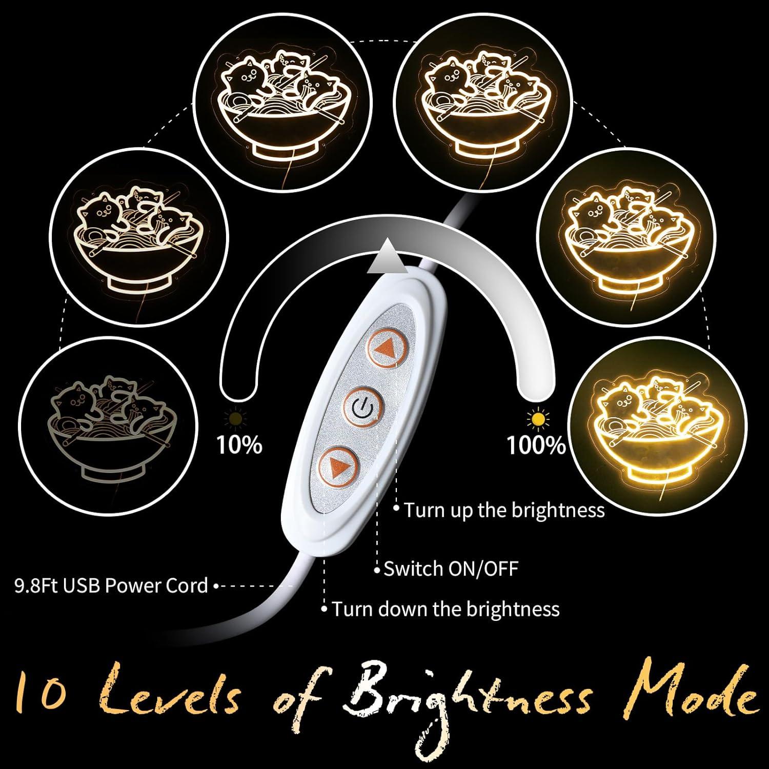 Ramen Cat Neon Sign, Warm White Cat Noodles Led Sign for Baby Girls Room, Dimmable Noodle Cat Light Up Neon Signs for Wall Decor Resturant Home Bar Kitchen Dinning Bedroom Art Decor Christmas Gifts