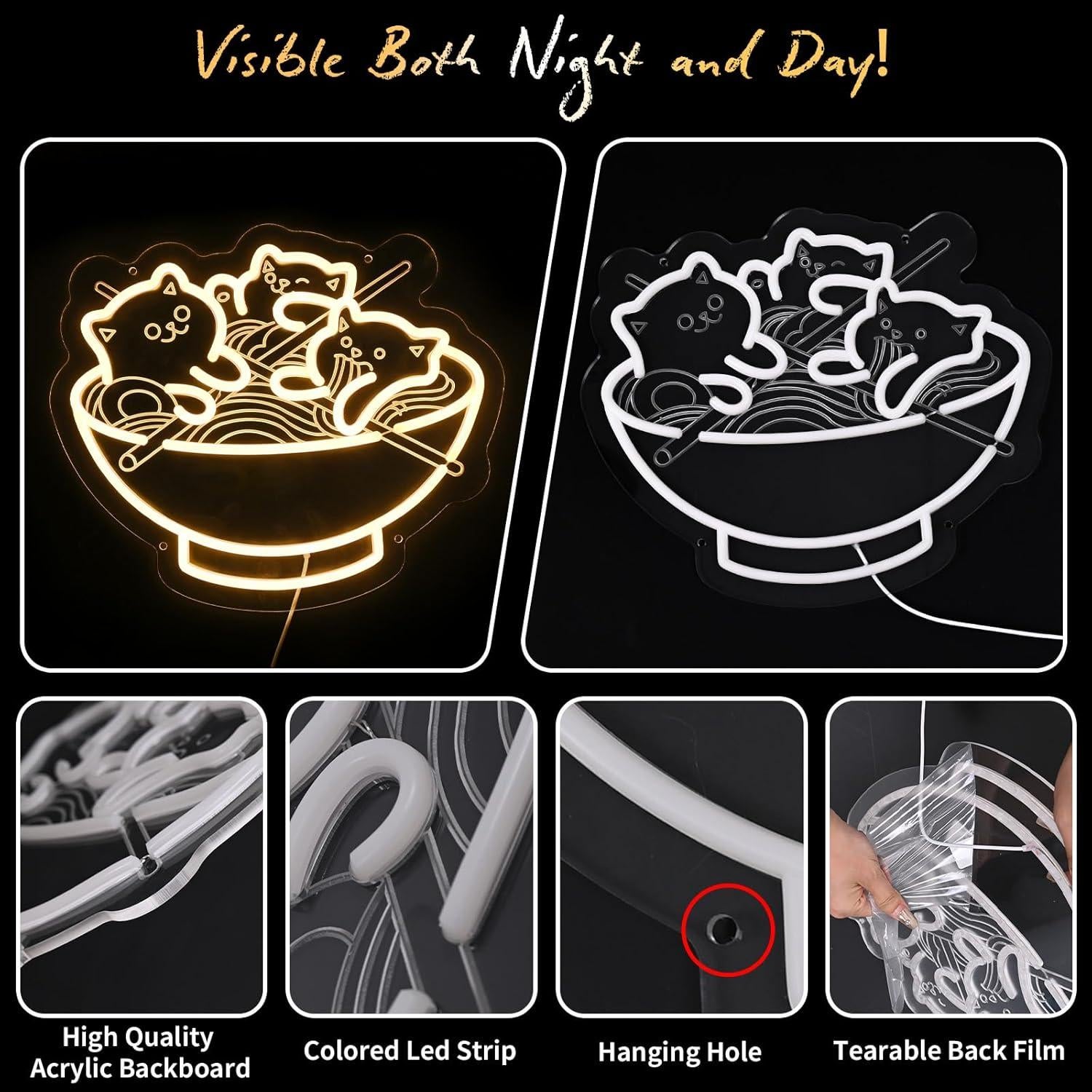 Ramen Cat Neon Sign, Warm White Cat Noodles Led Sign for Baby Girls Room, Dimmable Noodle Cat Light Up Neon Signs for Wall Decor Resturant Home Bar Kitchen Dinning Bedroom Art Decor Christmas Gifts