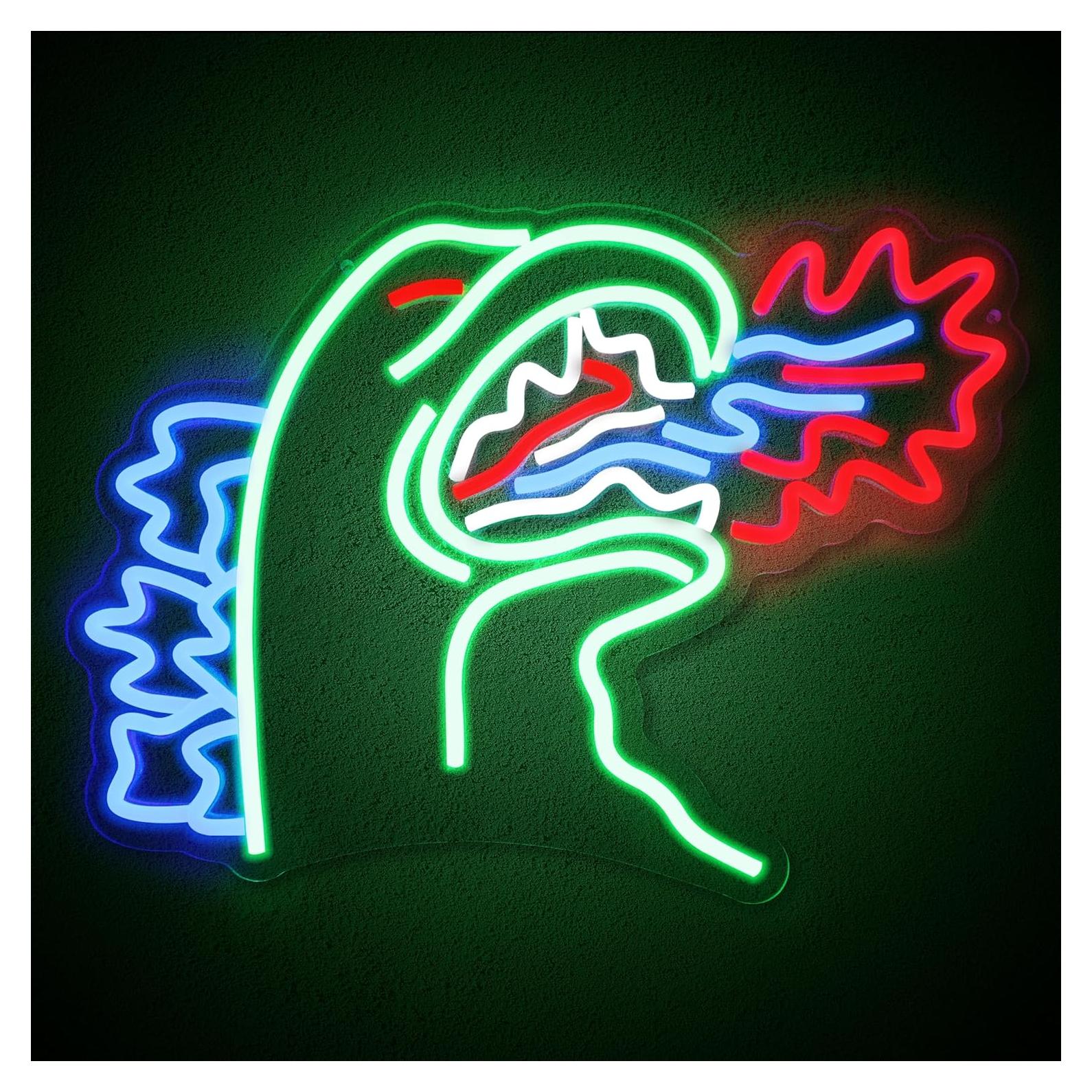 LED Neon Sign Light, Dinosaur Design, Multicolor Green Blue Red Wall Art, Indoor Decorative Light