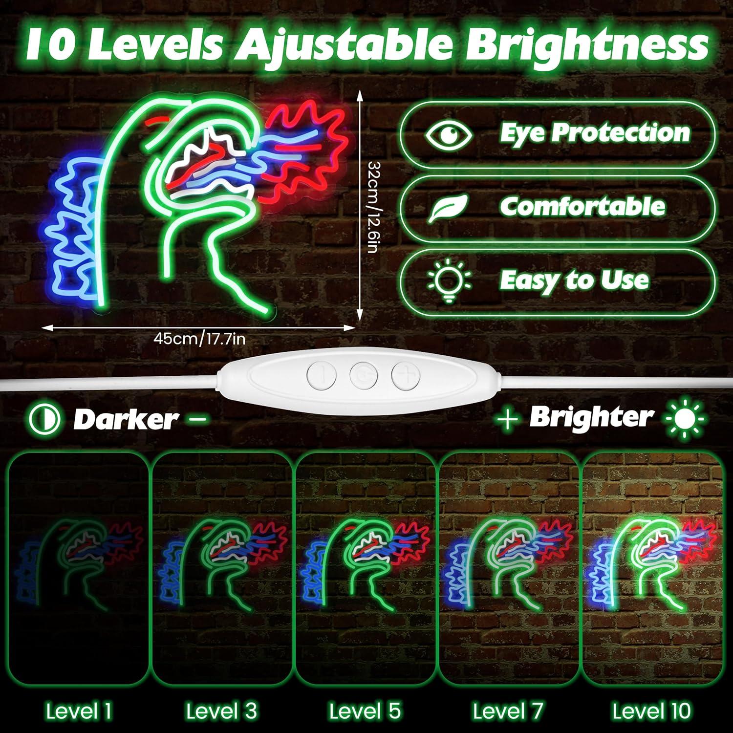 LED Neon Sign Light, Dinosaur Design, Multicolor Green Blue Red Wall Art, Indoor Decorative Light