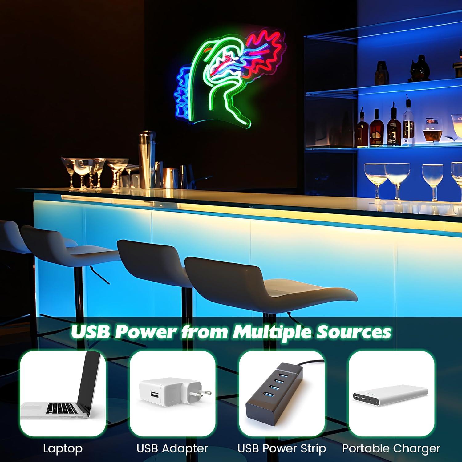 LED Neon Sign Light, Dinosaur Design, Multicolor Green Blue Red Wall Art, Indoor Decorative Light