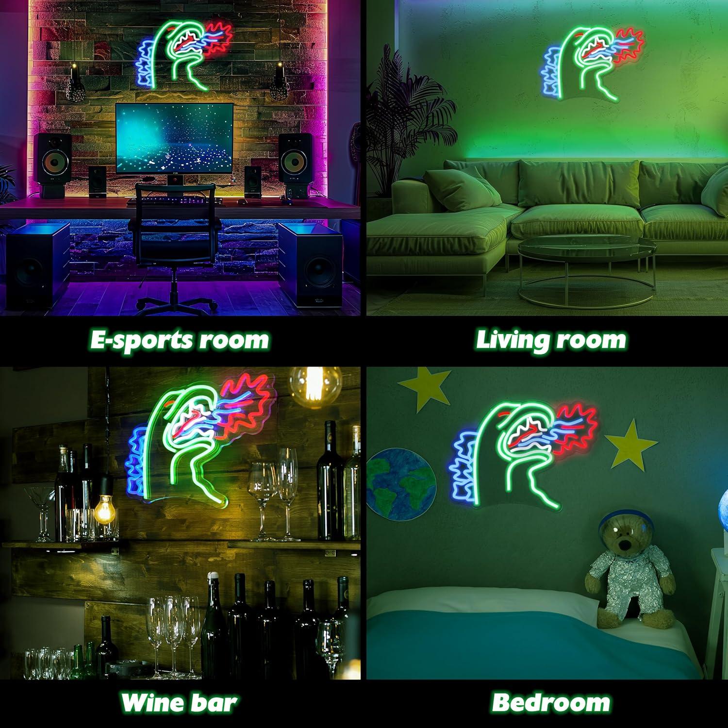 LED Neon Sign Light, Dinosaur Design, Multicolor Green Blue Red Wall Art, Indoor Decorative Light