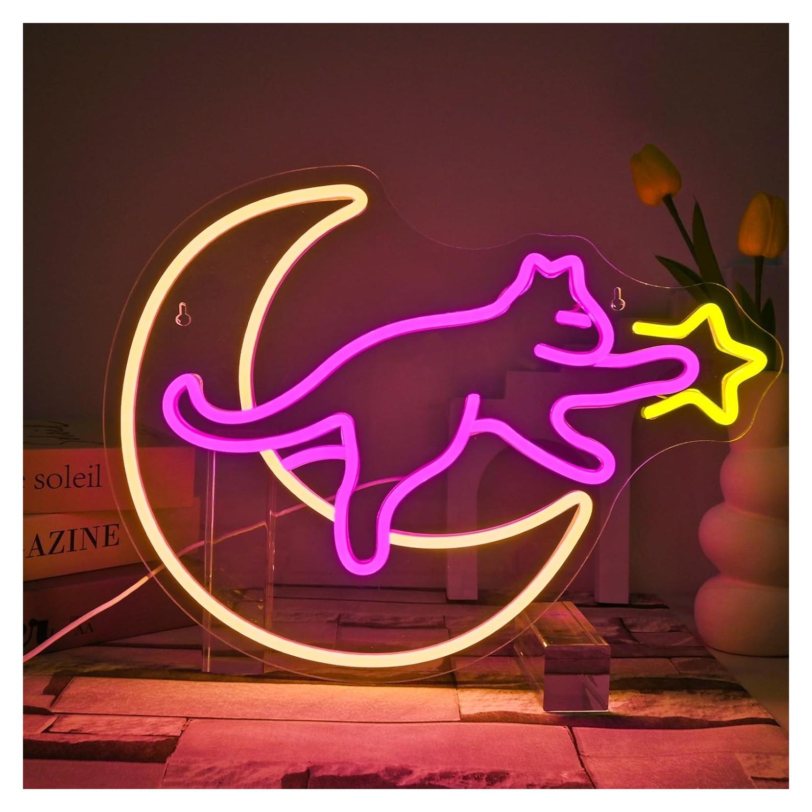 Cartel Neón Gato en la Luna NXYX 38.1x15.2cm Decoración