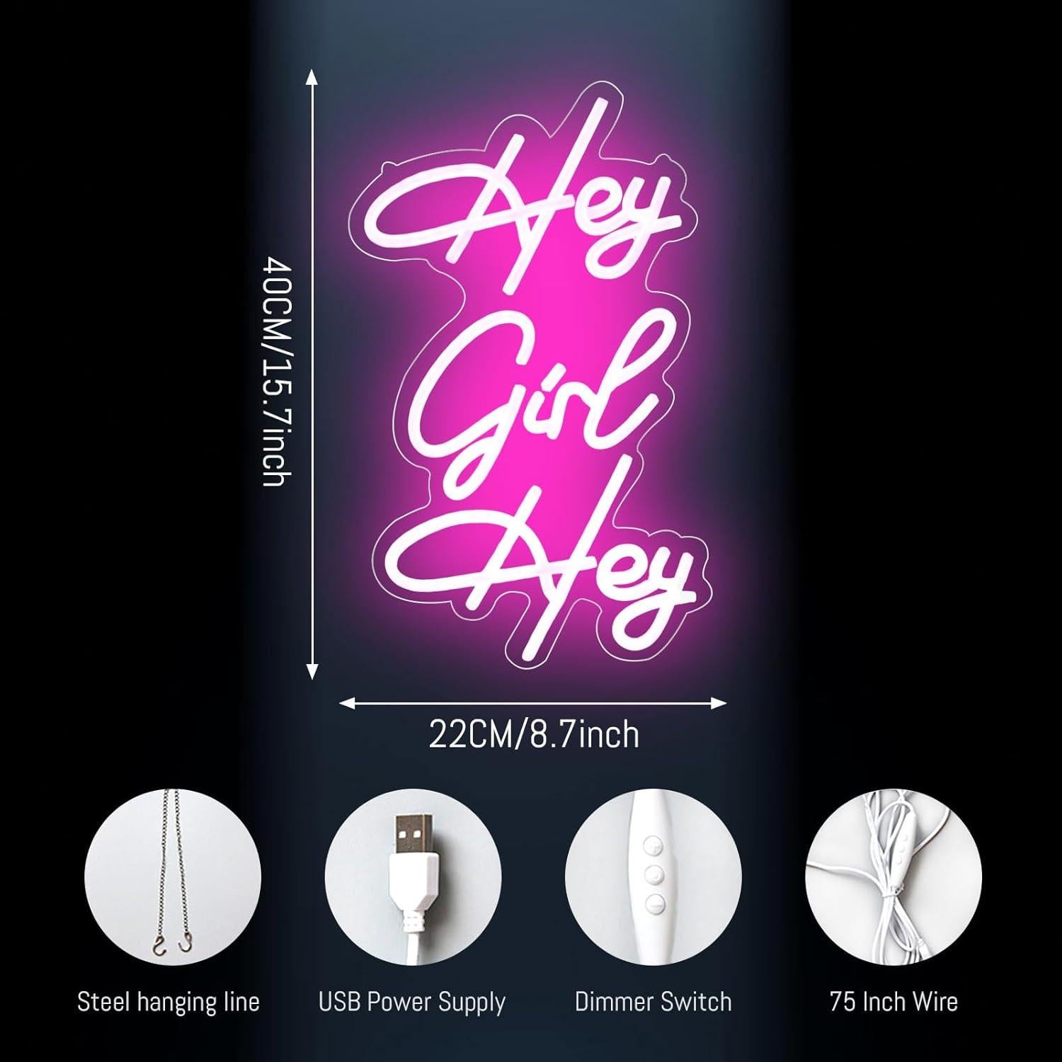 Cartel de Neón LED Rosa Hey Girl 22x40 cm Regulable KADAFAGO