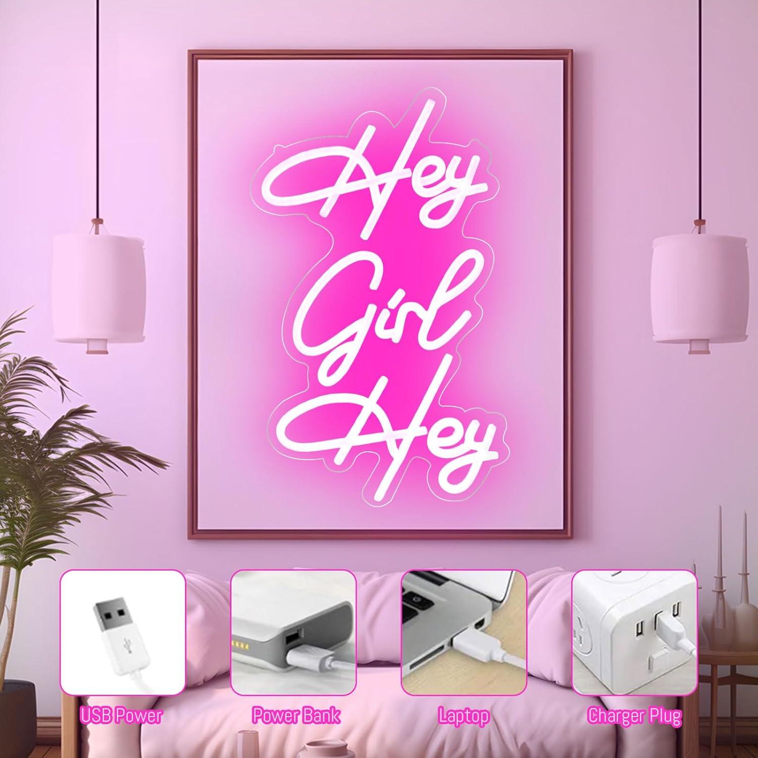 Cartel de Neón LED Rosa Hey Girl 22x40 cm Regulable KADAFAGO