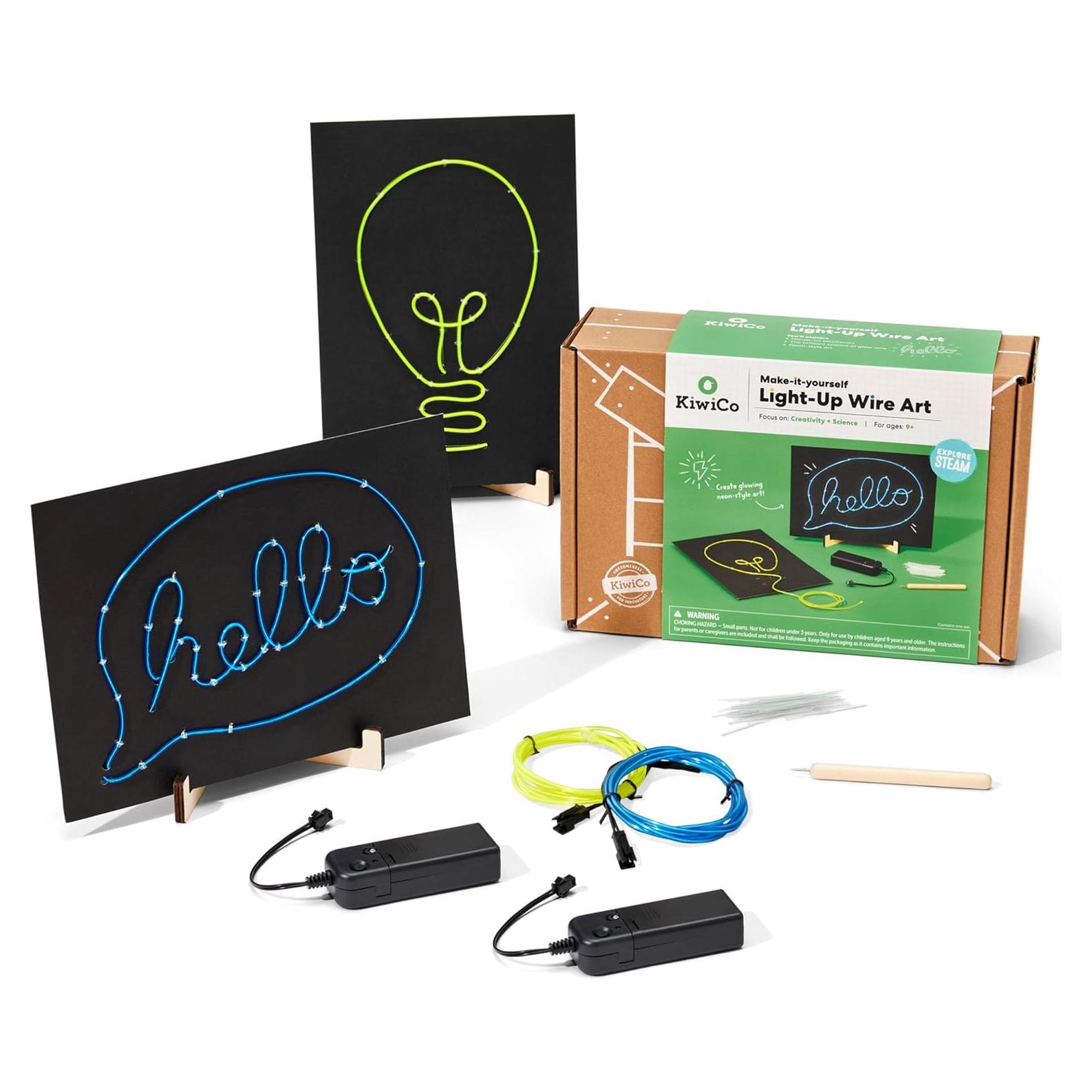 KiwiCo Light-Up Wire Art Kit - DIY Electroluminescent Signs, Fun Educational Science Craft for Kids | Includes EL Wires, Battery Packs, Design Templates, and Instructions | Make Your Own Neon Sign!