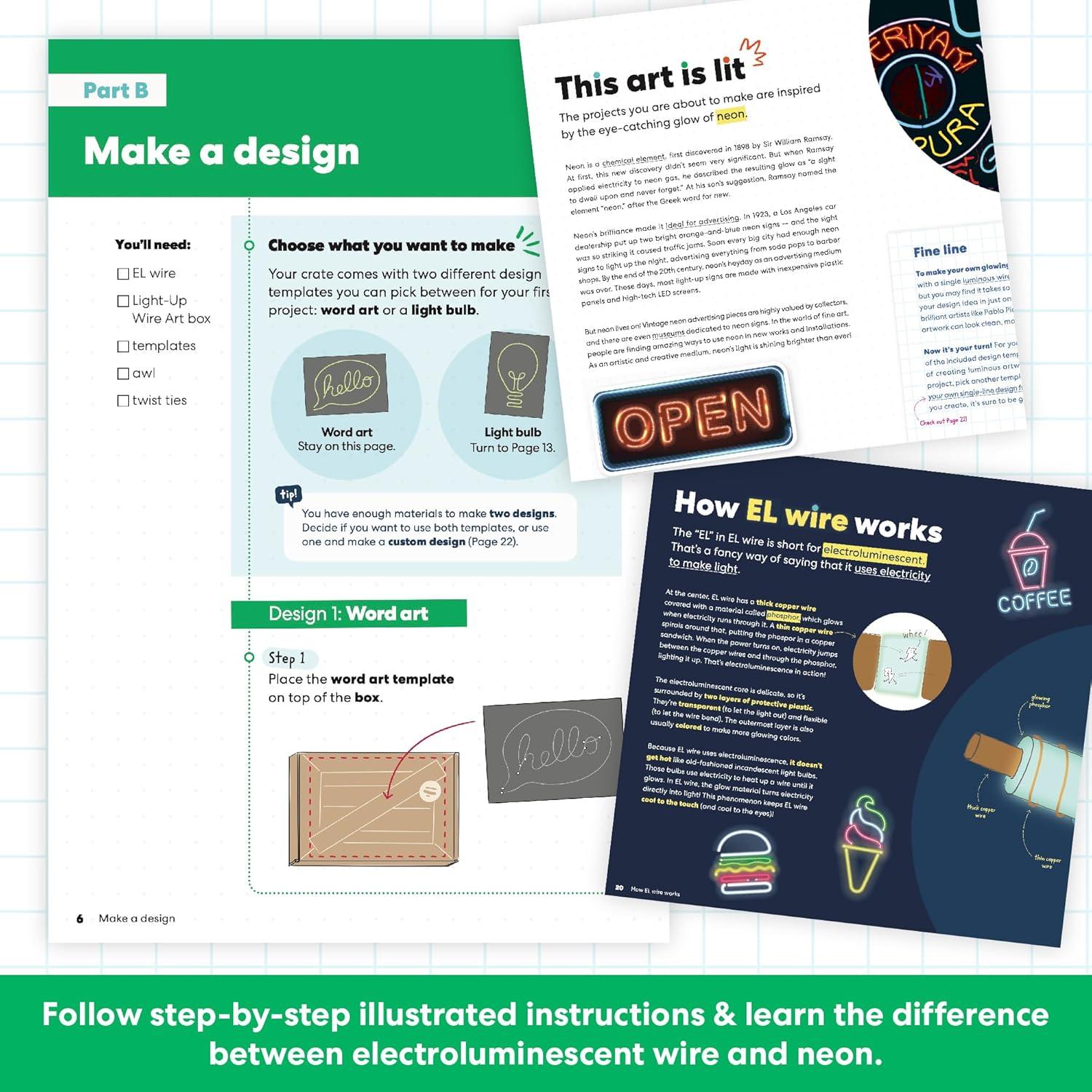 KiwiCo Light-Up Wire Art Kit - DIY Electroluminescent Signs, Fun Educational Science Craft for Kids | Includes EL Wires, Battery Packs, Design Templates, and Instructions | Make Your Own Neon Sign!