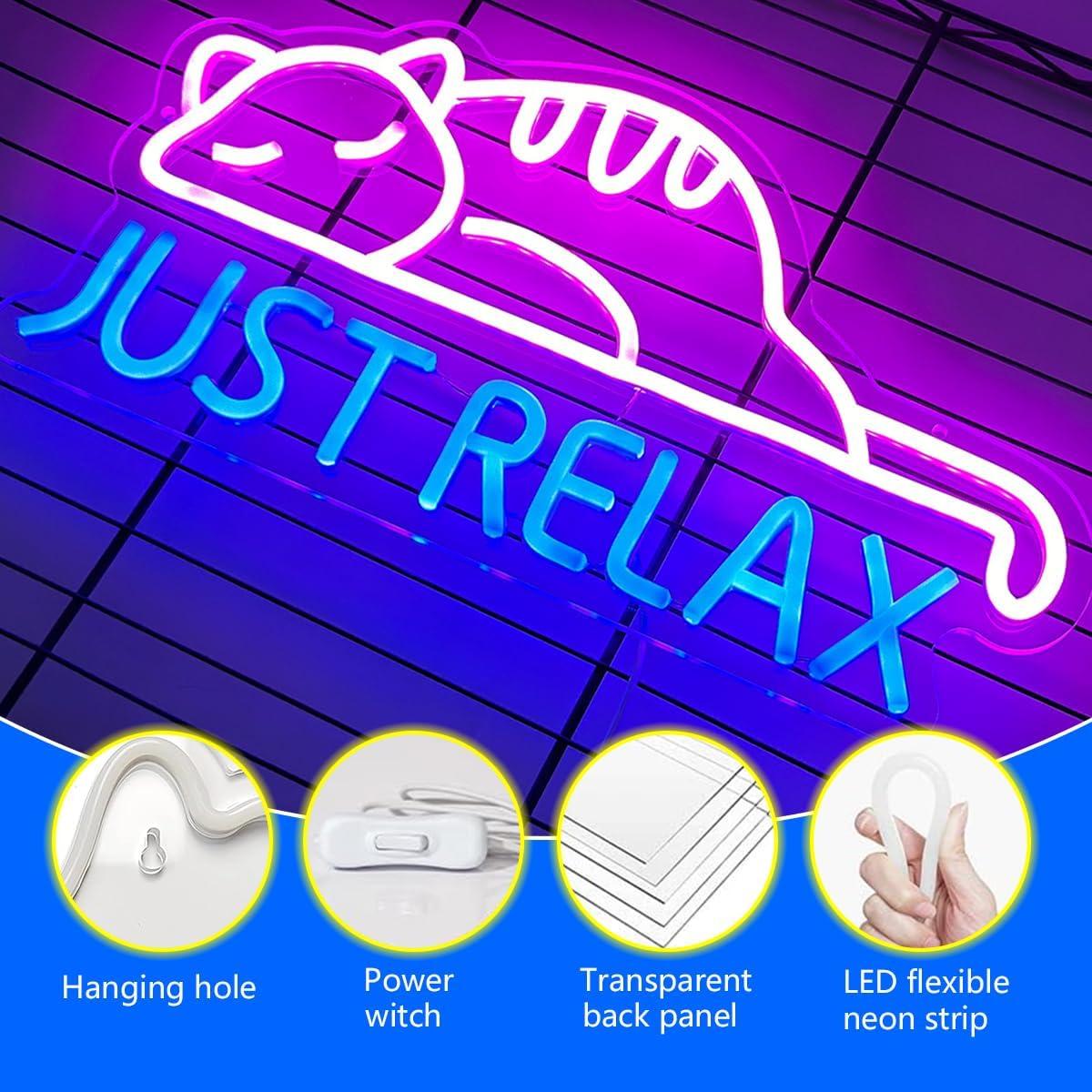 Cartel de Neón Gato 'Solo Relájate' UExnkj-Y 34x27.9cm Rosa Azul