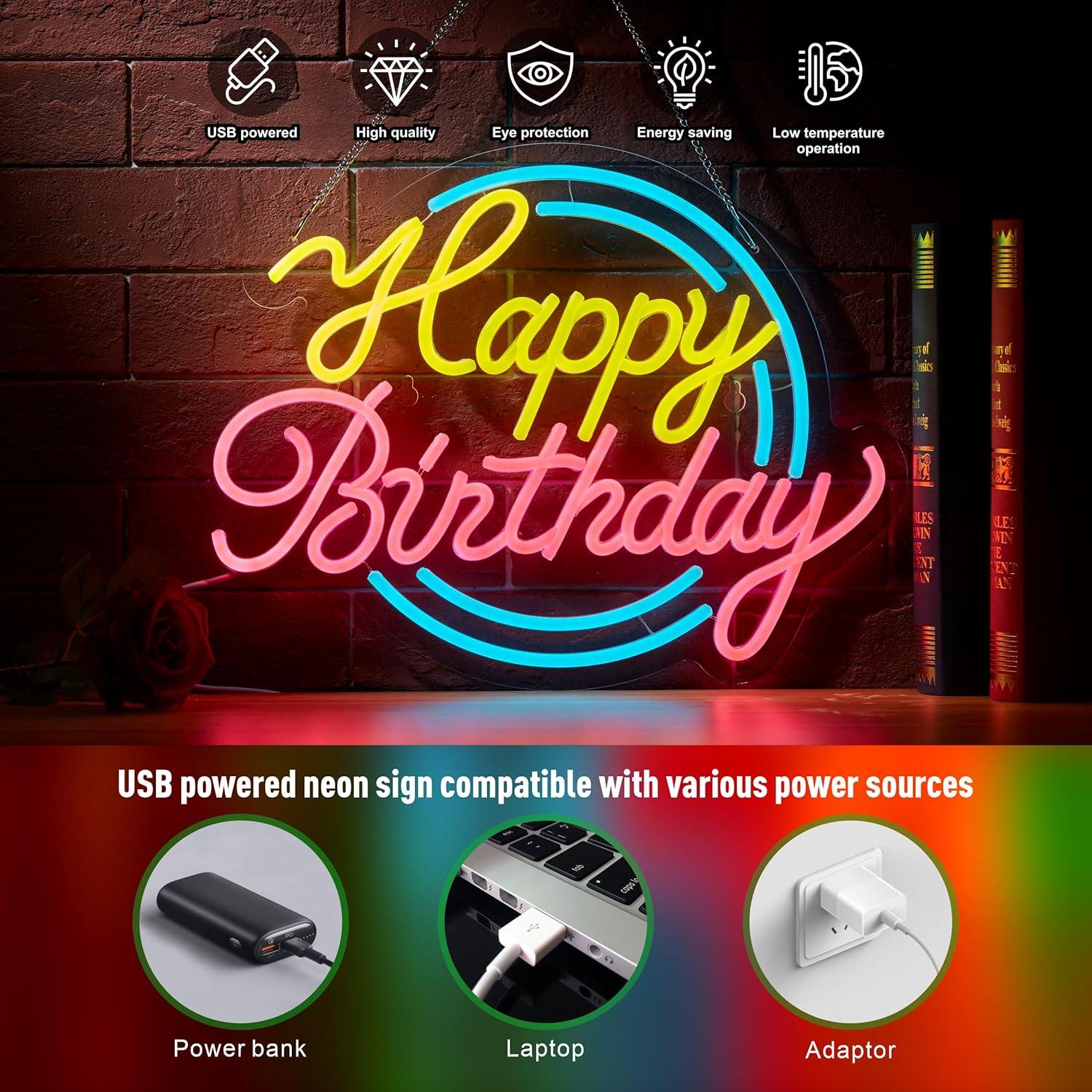 Letrero de Neón Feliz Cumpleaños NEONLAND 43x30.5cm USB