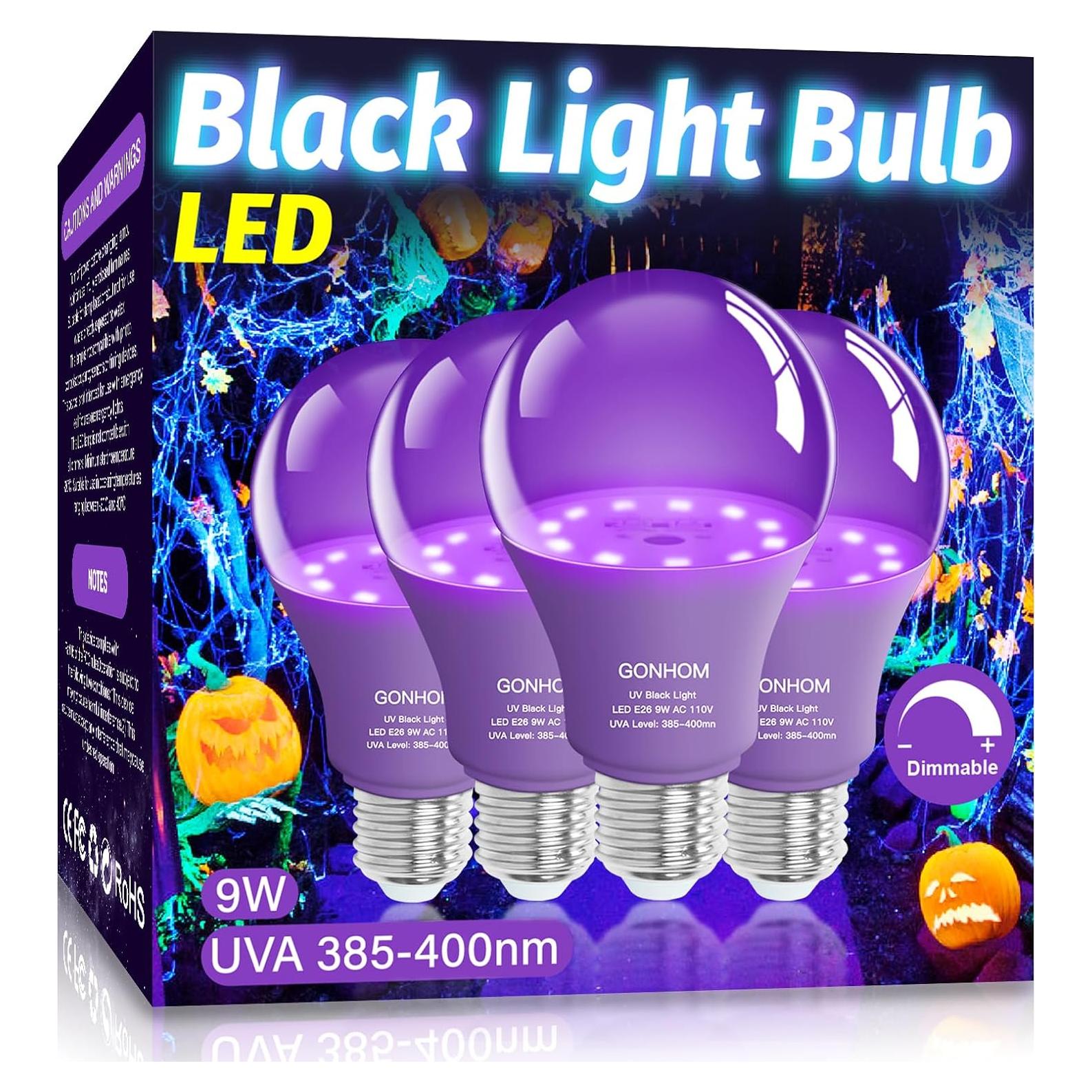 Paquete de 4 bombillas LED A19 Gonhom luz negra 9W E26
