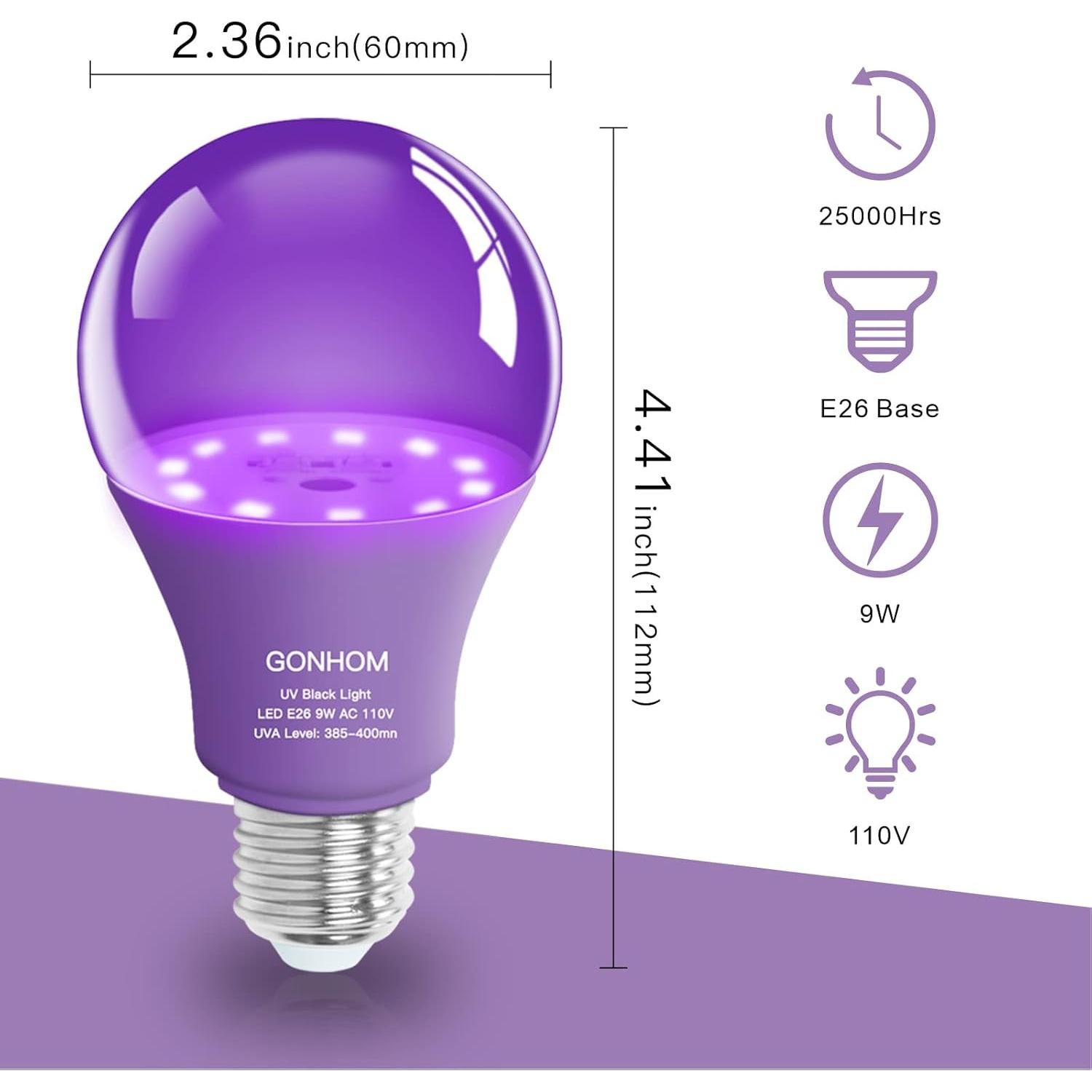 Paquete de 4 bombillas LED A19 Gonhom luz negra 9W E26