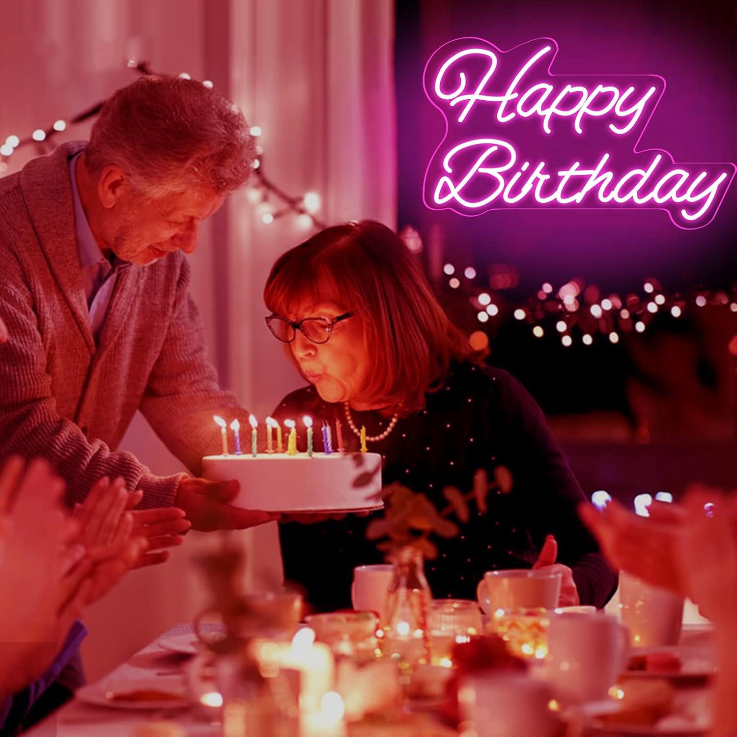 Letrero de Neón Feliz Cumpleaños Rosa 40.6x22.9cm LED Dimmable