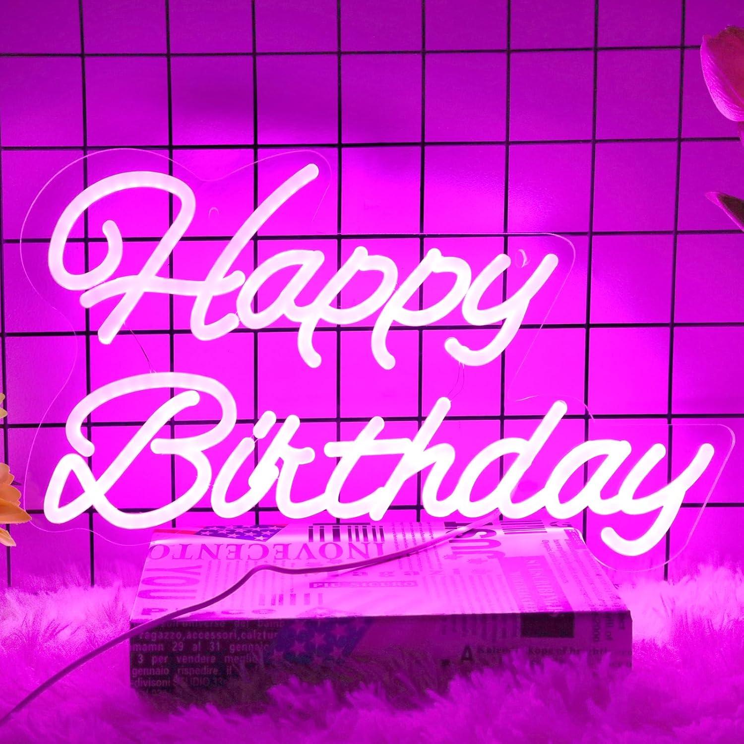 Letrero de Neón Feliz Cumpleaños Rosa 40.6x22.9cm LED Dimmable