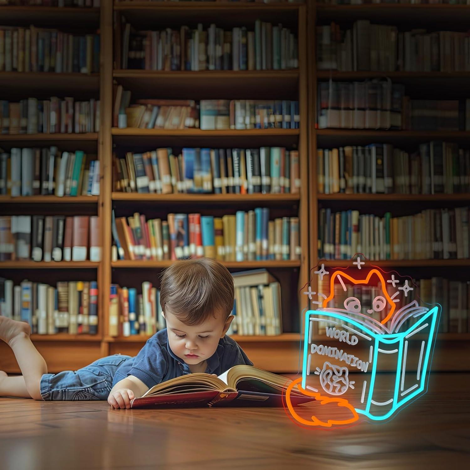 Luz de Neón LED Zorro Leyendo - Decoración de Biblioteca 37.1x33cm