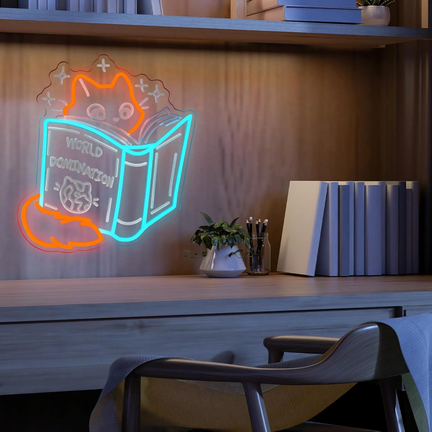 Luz de Neón LED Zorro Leyendo - Decoración de Biblioteca 37.1x33cm