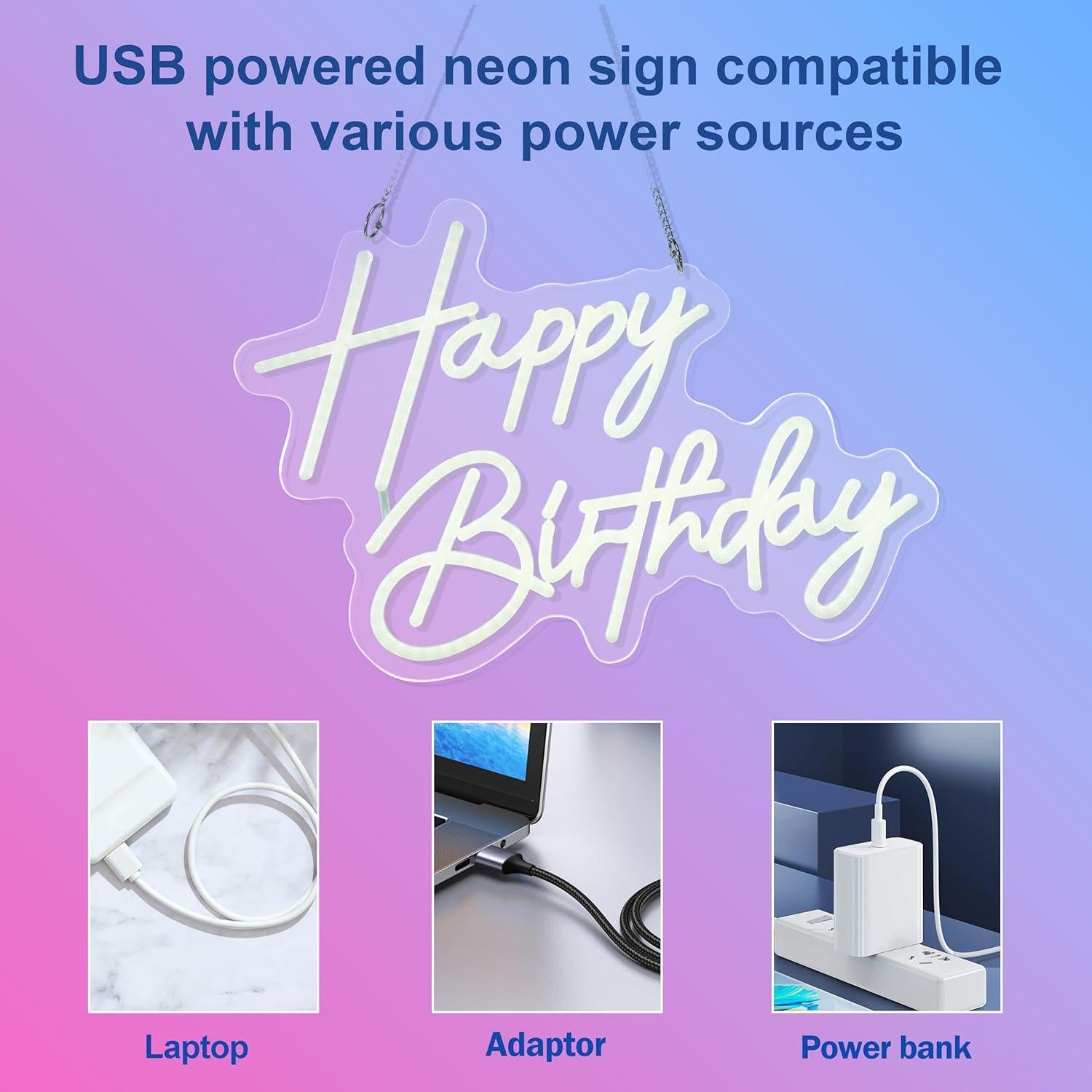 Letrero de Neón Feliz Cumpleaños ASIUXIRS 43.2x33cm Blanco