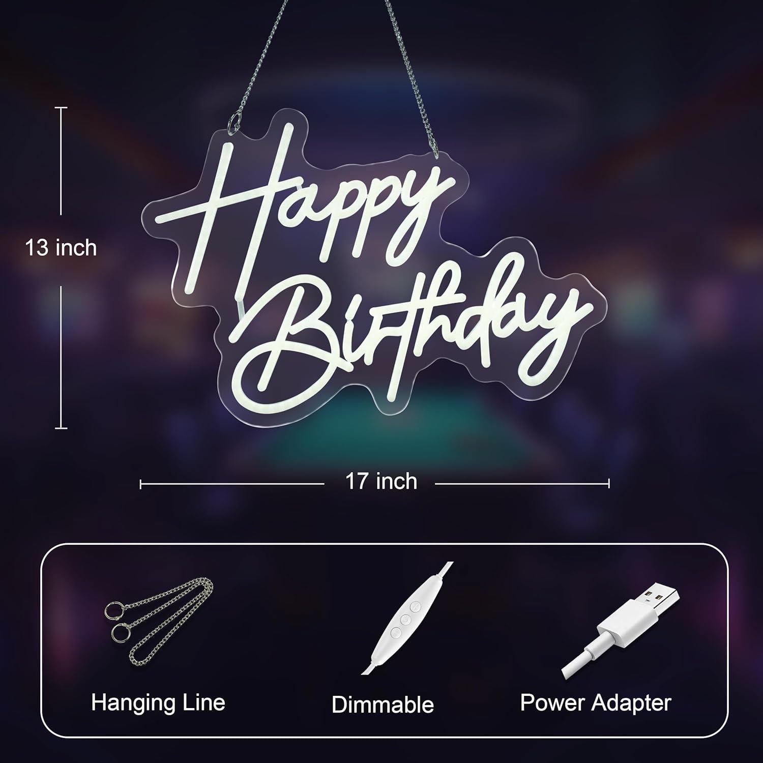 Letrero de Neón Feliz Cumpleaños ASIUXIRS 43.2x33cm Blanco