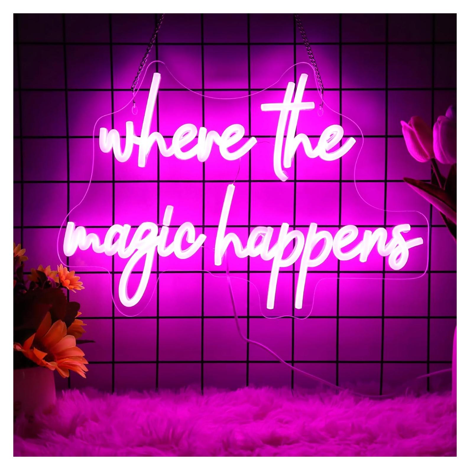 Letrero Neón LED Rosa Donde La Magia Sucede 33x56 cm
