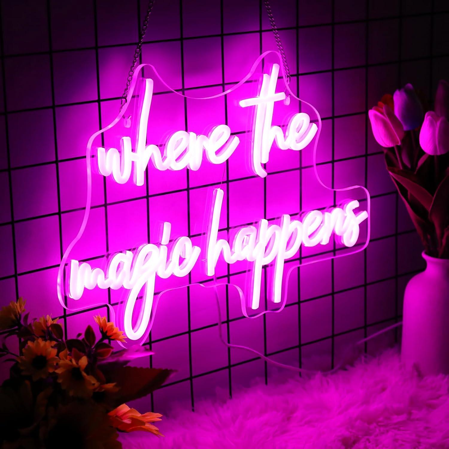 Letrero Neón LED Rosa Donde La Magia Sucede 33x56 cm